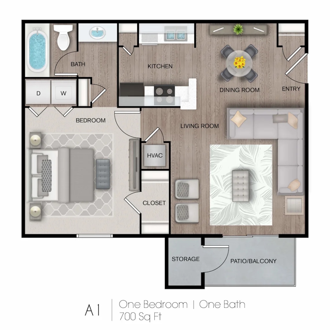 The Elm — A1 | 1 Bed / 1 Bath / 700 SF floor plan