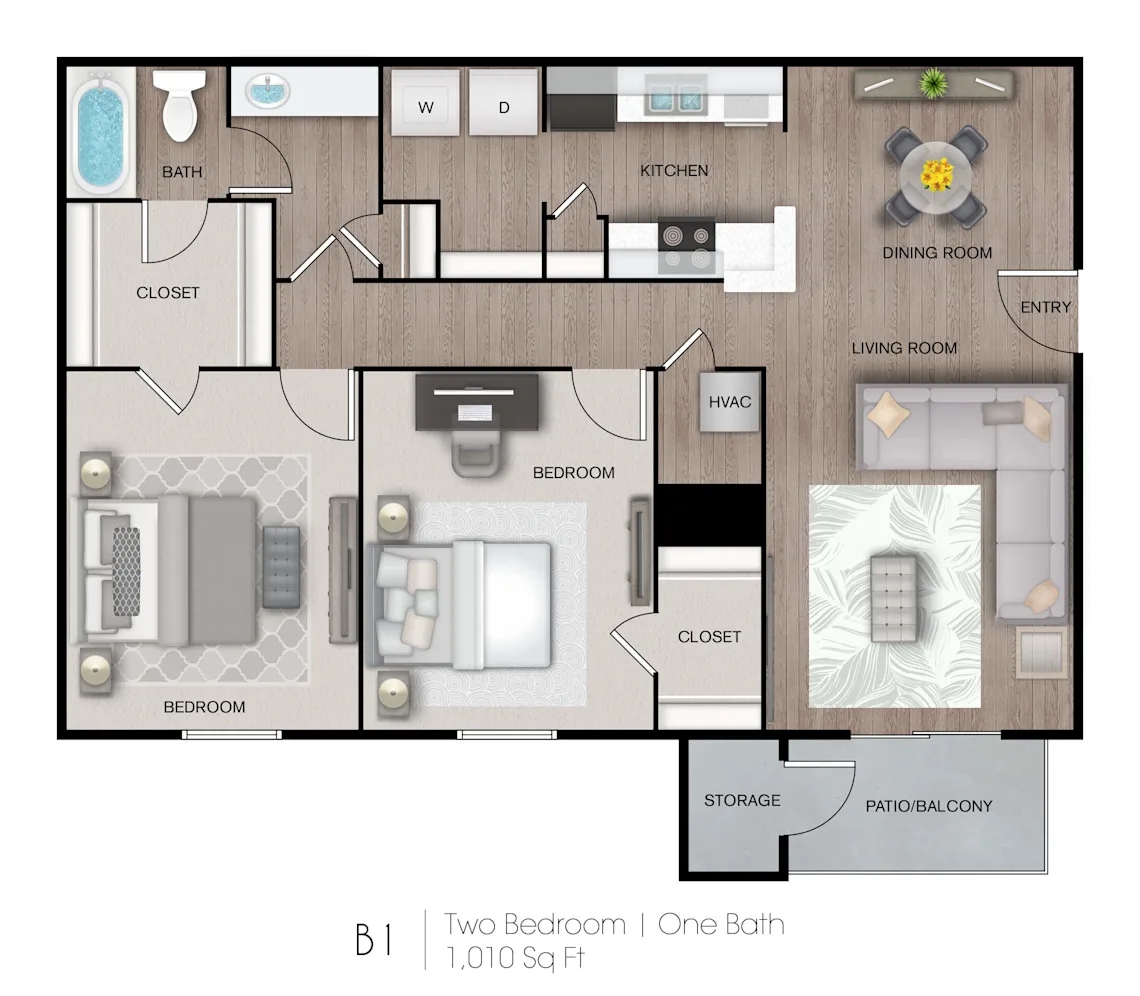 The Cypress — B1 | 2 Bed / 1 Bath / 1,010 SF floor plan