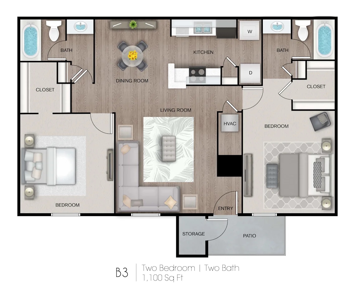 The Magnolia — B3 | 2 Bed / 2 Bath / 1,100 SF floor plan
